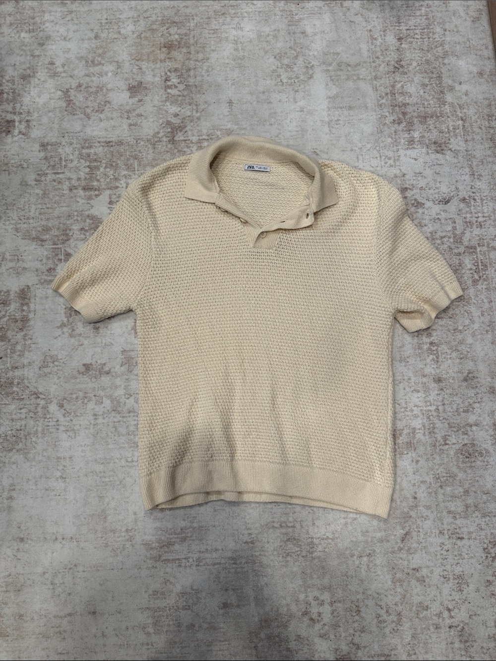 Zara Cream Textured Knit Polo